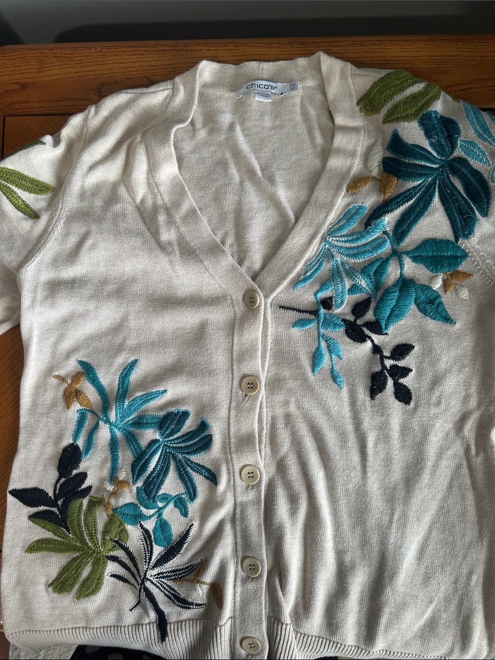Chico's Cream Cardigan with Teal, Navy & Olive Floral Embroidery